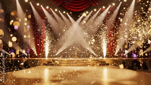 Award Luxury party stage golden stage Spotlight bokeh effect glitter animation. Stars, lights and particles. Luxury gold light streak. Particle, luxury awards ceremony background, awards performance.