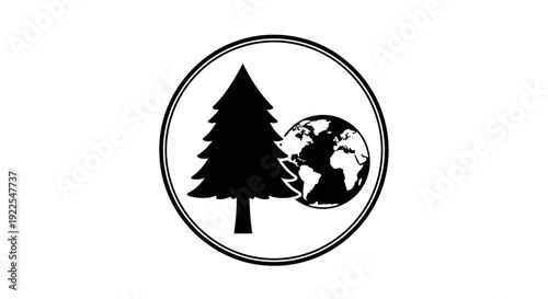 Black silhouette of tree and globe in circular frame.