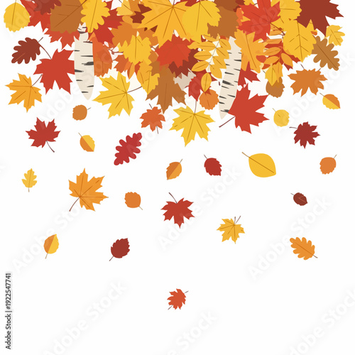 Autumn leaves falling, colorful maple and oak foliage, white background, fall season