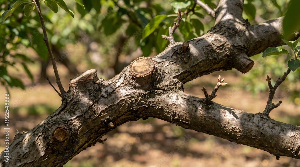 Fototapeta premium Captivating close-up of a gnarled, weathered tree branch with new leaves flourishing, showcasing the resilience of nature in full bloom.