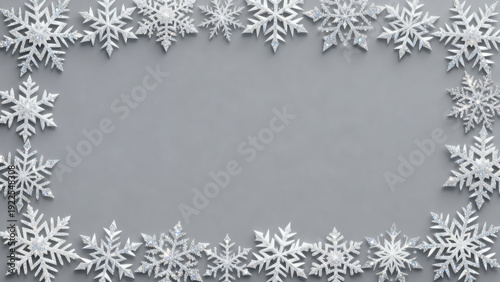 a digital graphic featuring a rectangular layout with a central gray background. Surrounding the edges is an intricate border of white snowflakes of varying sizes and designs, creating a festive and w