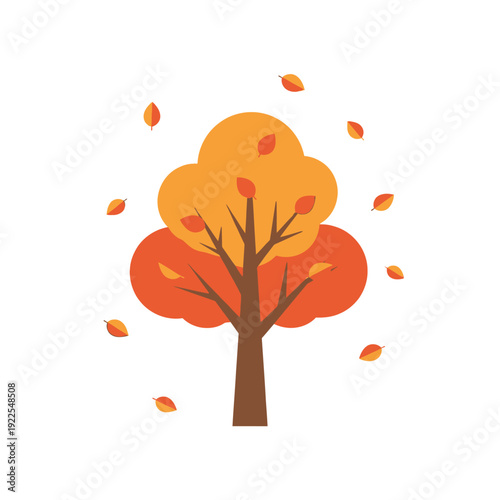 Stylized autumn tree with falling leaves, flat design, white background