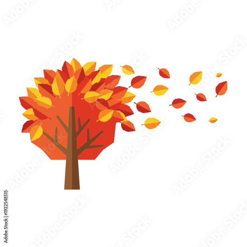 Stylized Autumn Tree with Blowing Leaves