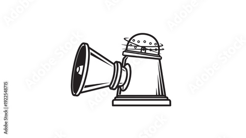 Vintage horn megaphone illustration on pedestal with retro style line art.
