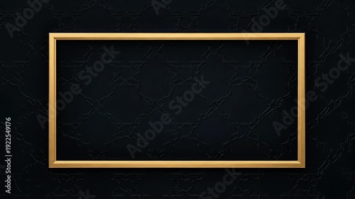 Elegant gold rectangular frame slowly animating into screen over dark matte background with subtle Islamic texture, center space for brand message, cinematic but corporate safe, seamless loop, full HD