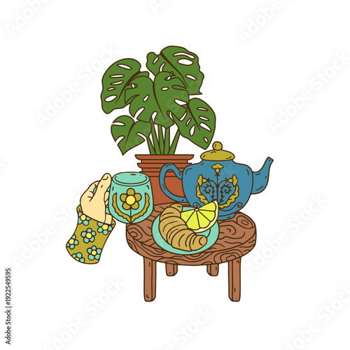 Cozy scandinavian lifestyle scene with tea pot and hand holding mug. Hand drawn line art peaceful breakfast composition