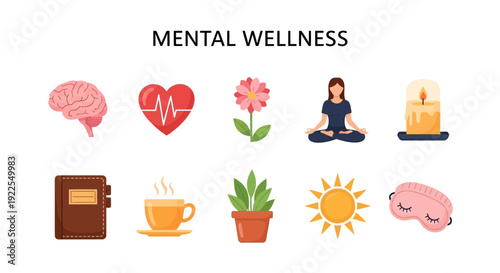 Icons representing mental wellness including brain heart flower yoga candle journal drink plant sun and sleep mask