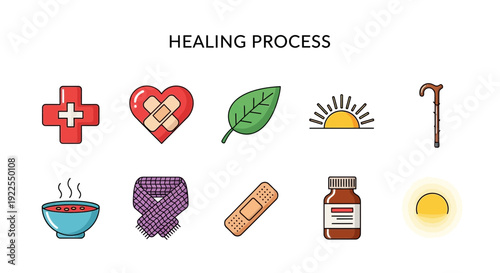 Icons depicting a medical and recovery progression above two rows of related objects