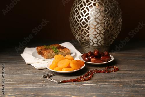 Prayer beads, dried apricot...