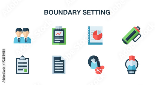 Eight flat icons related to Boundary Setting on a white background