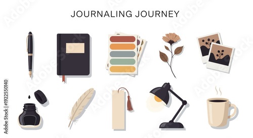 Flat lay illustration of journaling supplies pen ink notebook stickers feather bookmark lamp photos flower and coffee
