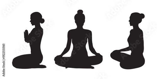 Set of 3 female silhouettes practicing yoga and meditation in seated poses. Minimalist black vector icons for wellness centers, mental health awareness, and healthy lifestyle designs.