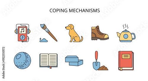 Icons illustrating coping mechanisms music player paintbrush dog boot teapot stress ball book blocks shovel diary