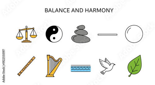 Icons representing balance and harmony in two rows on a white background