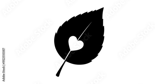 Black leaf with a heart shape cut out on a white background.