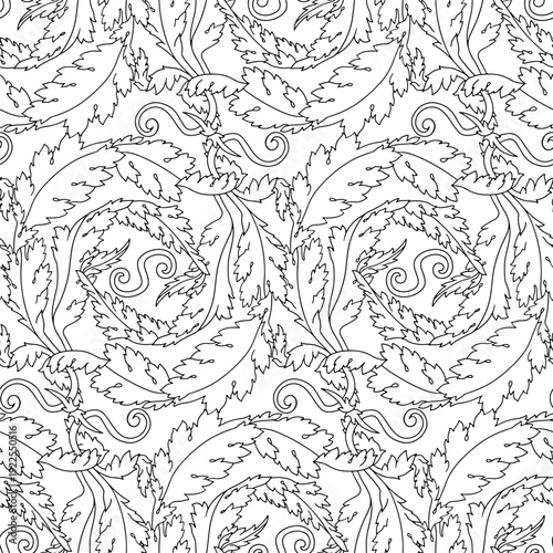 Hand drawn black and white acanthus leaf Art Nouveau line seamless pattern. Elegant monochrome floral vector background for print. Vintage botanical texture