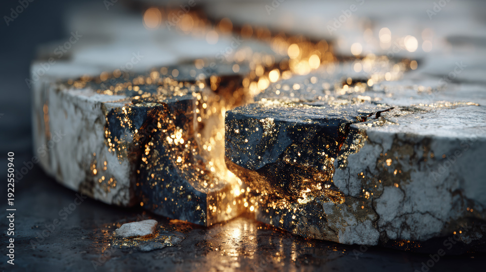 Fototapeta premium Gold particles glowing inside cracked stone, gold, hidden worth beneath surface