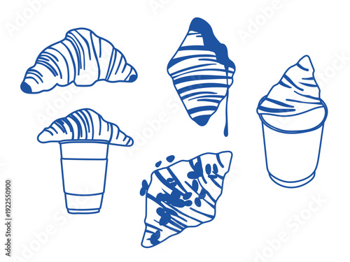 Blue line art croissant set with lassic, with coffee, chocolate, and almonds. Hand drawn sketch