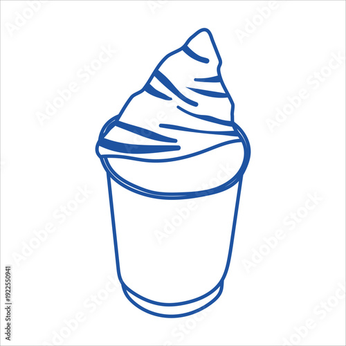 Blue sketch of a fresh croissant dipped into a tall glass of coffee. Hand drawn contour art