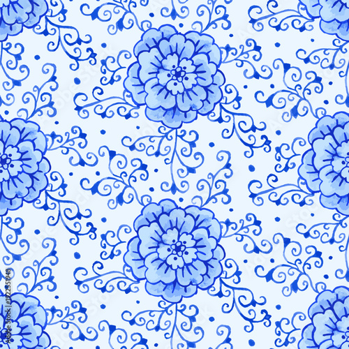 Monochrome blue and white watercolor style chinoiserie seamless pattern. Ginger jar floral repeat design