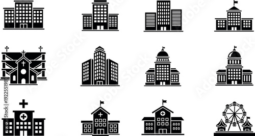 City buildings and public landmarks black silhouette icons set architecture vector illustration