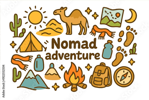 Nomadic Doodles. Nomad adventure. Hand-drawn doodle illustration of nomad adventure. Tent, camel, dunes,