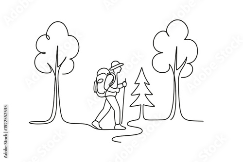 Minimalist Forest Explorer. "Forest Adventure". Minimalistic one-line drawing hiker exploring forest trail