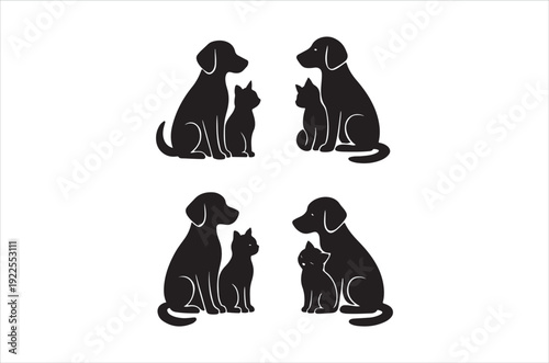 black silhouettes of dogs and cats sitting together in pairs