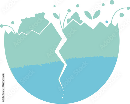 Minimalist illustration featuring bunny ears and springtime flowers emerging from a cracked and colorful gradient easter egg shell design