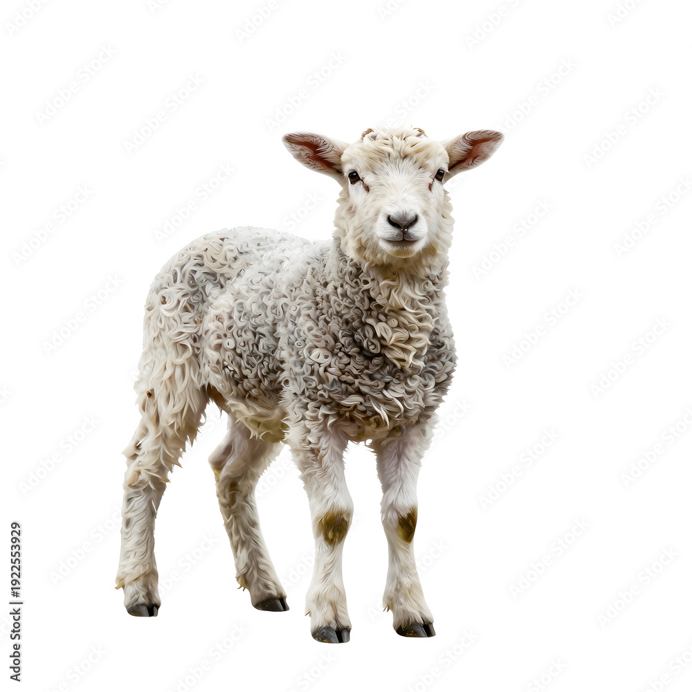 Fototapeta premium Fluffy lamb stands tall in a white scene looking directly at the viewer