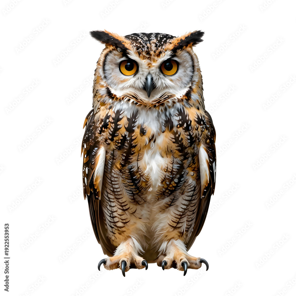 Obraz premium Proud owl staring forward with intensity on a white backdrop