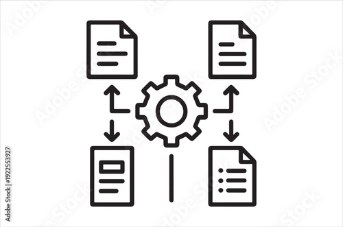a gear in the middle of four document icons with arrows