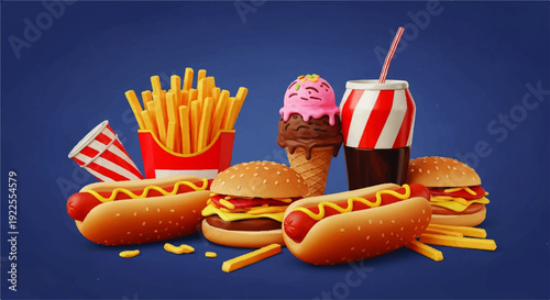 A vibrant assortment of fast food items, including hot dogs, burgers, fries, and a soda, presented in a playful and colorful 3D illustration