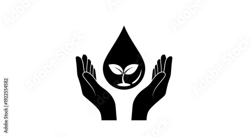 Eco-friendly symbol with hands holding a water drop and sprout.