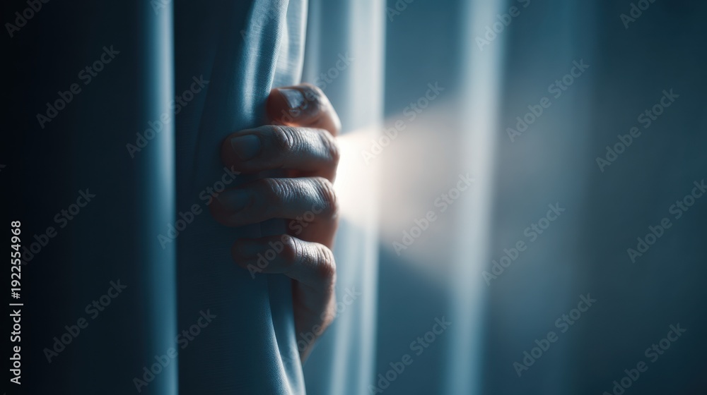 Fototapeta premium A hand pulling back a curtain to reveal a ray of sunlight. The image has a moody, mysterious tone