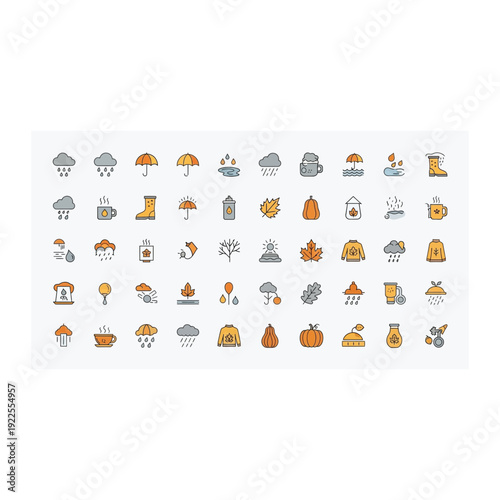 Autumn Weather and Season Icons: Rain, Sweaters, and Pumpkins