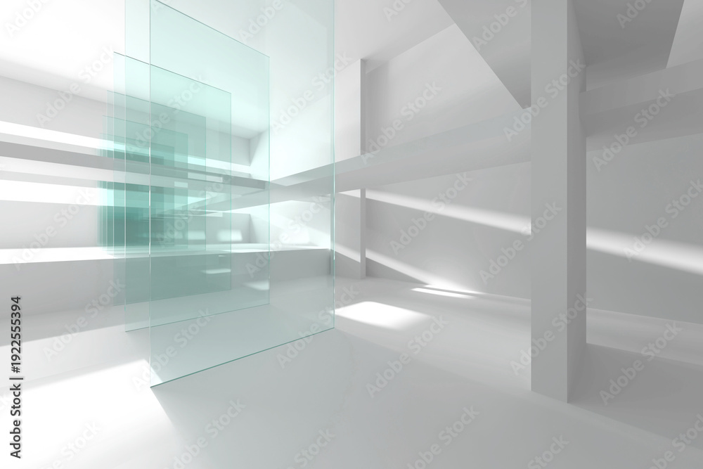 Fototapeta premium Modern architectural space with glass panels and dynamic light reflections. 3d render