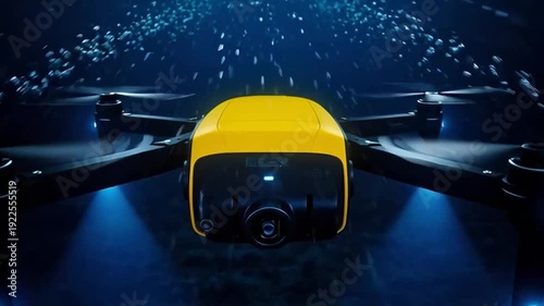 Futuristic underwater drone exploring ocean depths with bright lights