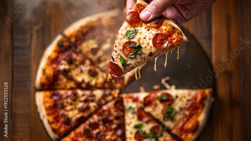 Delicious pepperoni pizza being served on wooden table