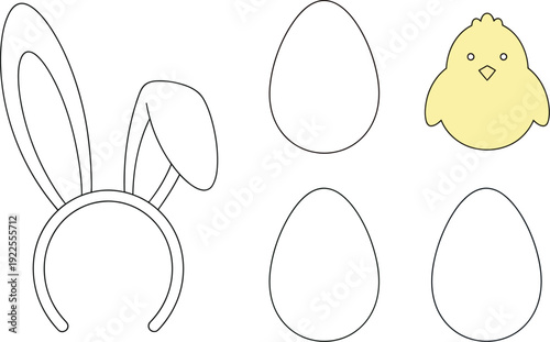 A collection of simple line art illustrations featuring pastel colored easter eggs a bunny ear headband and a cute baby chick icon set