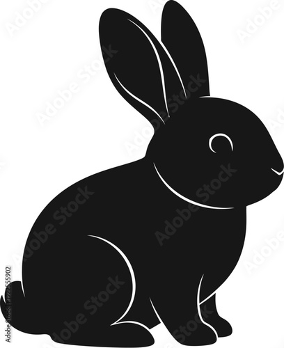 Simple black silhouette of a charming domestic rabbit sitting calmly with upright ears against a pale green background illustration