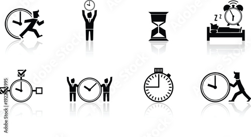 Professional black and white icon set conceptualizing time management, urgency, sleep cycles, and athletic timing through minimalist figures and clocks.