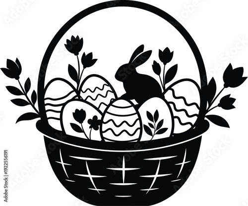 Black and white silhouette illustration featuring an adorable easter bunny nestled among patterned eggs and spring flowers inside a woven basket design element for celebration.