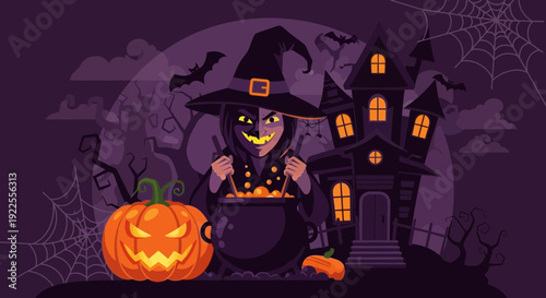 Witch brewing potion with pumpkin in front of haunted house.