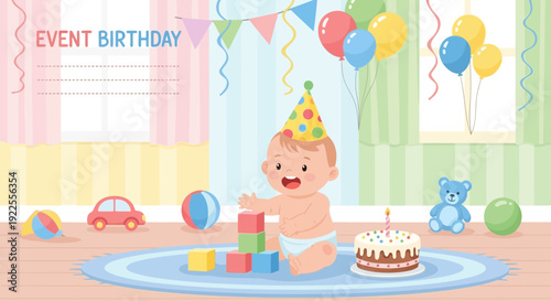 Adorable baby in a party hat playing with colorful blocks on their first birthday.