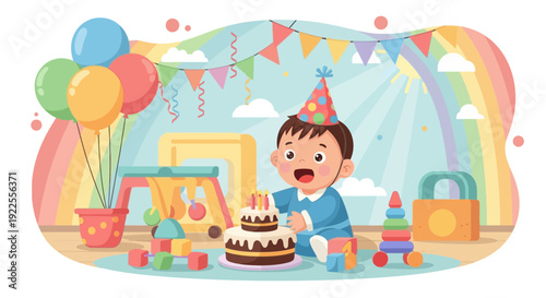 Adorable baby boy celebrating his first birthday with a delicious cake.