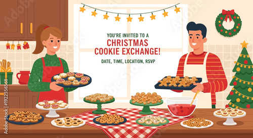 Couple preparing for a Christmas cookie exchange with various baked goods.