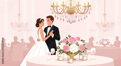 Elegant Wedding Couple Dancing Gracefully at Their Reception.