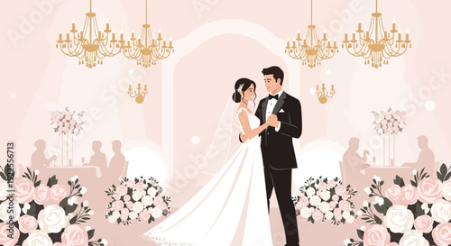 Elegant bride and groom in wedding attire celebrating their special day.