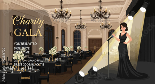 Elegant Woman in Black Gown Singing on Stage at Charity Gala.